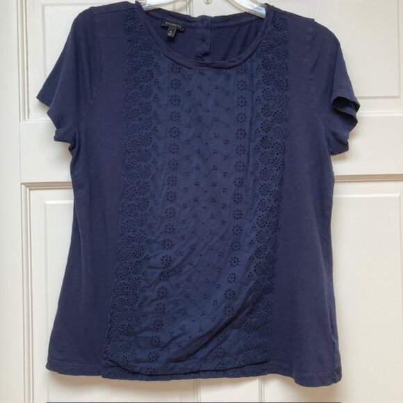 Talbots Navy eyelet front crew neck tee shirt size M - Picture 1 of 6